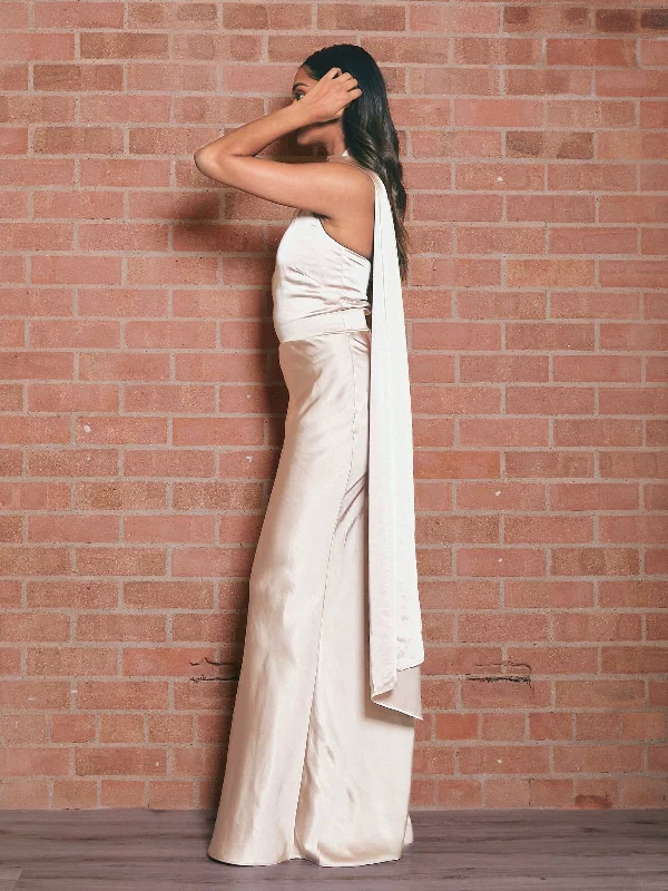 Asymmetric Scarf Satin Maxi Dress / Champagne