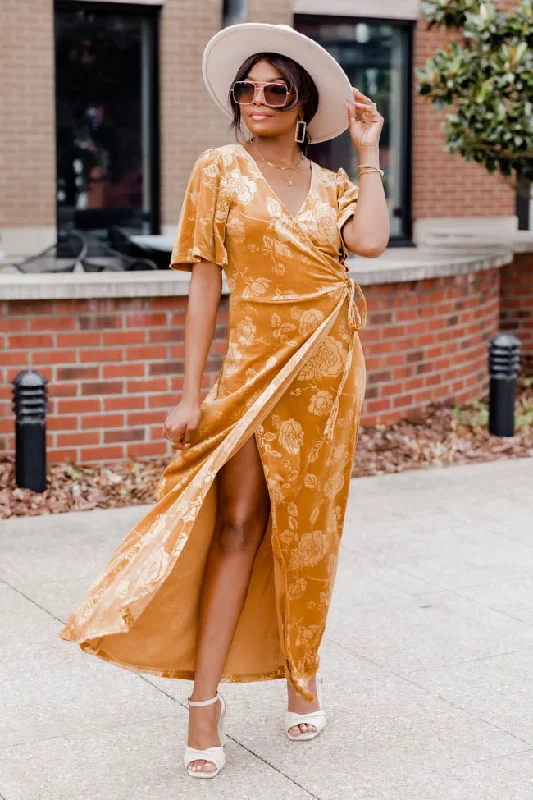 Forever Grateful Gold Velvet Floral Maxi Dress FINAL SALE