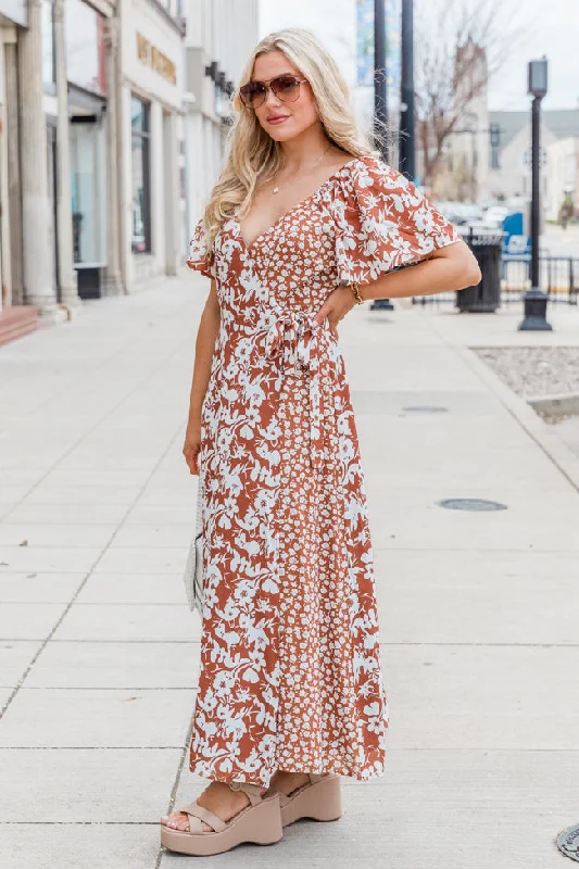 Know My Heart Brown Floral Contrast Flutter Sleeve Maxi Dress