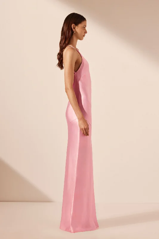 LA LUNE ONE SHOULDER COWL BACK MAXI DRESS - PEONY