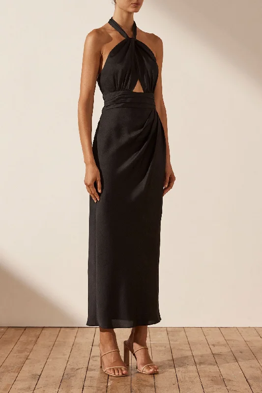 LUXE GATHERED HALTER MIDI DRESS - ONYX