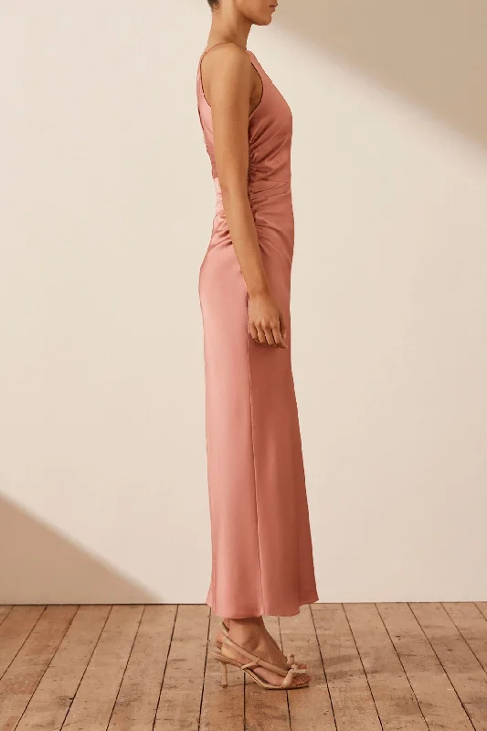 LUXE HIGH NECK RUCHED MIDI DRESS - ROSE