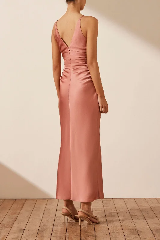 LUXE HIGH NECK RUCHED MIDI DRESS - ROSE