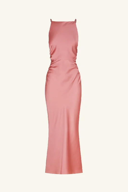 LUXE HIGH NECK RUCHED MIDI DRESS - ROSE