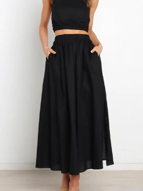 Elegant Solid High Waist A-Line Midi Skirt