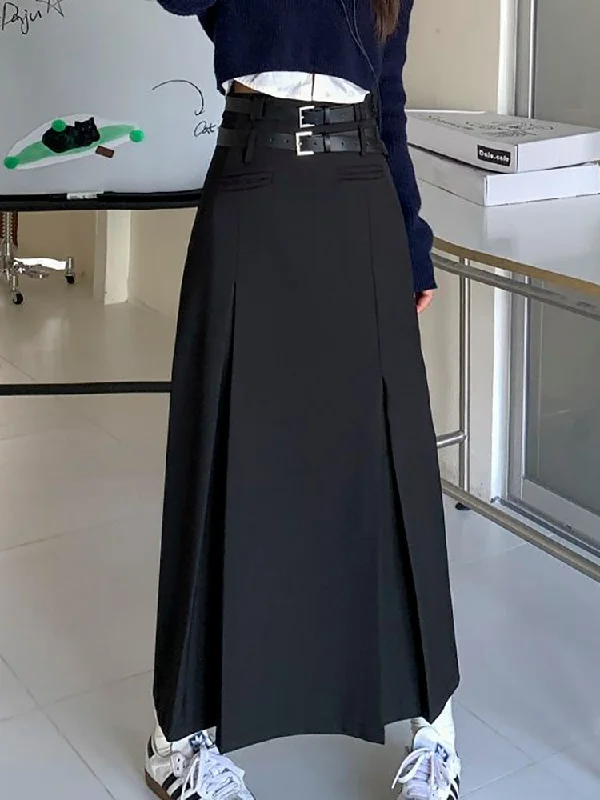 High Waist Slim A-line Pleated Long Skirt